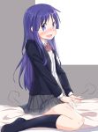  1girl black_legwear blazer blush body_pillow from_side grey_skirt highres hinata_yukari jacket kneehighs long_hair looking_at_viewer loose_necktie necktie plaid plaid_skirt purple_eyes purple_hair school_uniform skirt solo straddling sweat yuukin yuyushiki 