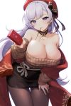  1girl azur_lane bangs bare_shoulders belfast_(azur_lane) belfast_(shopping_with_the_head_maid)_(azur_lane) beret black_bow black_choker black_skirt blush bow box breasts brown_legwear brown_sweater choker cleavage collarbone commentary_request cowboy_shot earrings eyebrows_visible_through_hair food gomashio_ponz hand_up hat hat_bow head_tilt highres holding holding_box hoop_earrings jewelry large_breasts leaning_forward long_hair long_sleeves looking_at_viewer miniskirt mouth_hold off-shoulder_sweater off_shoulder pantyhose pencil_skirt pocky purple_eyes red_headwear sash shawl silver_hair simple_background skirt smile solo standing sweater thighs very_long_hair white_background white_sash 
