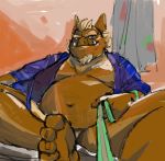  2002 anthro belly bonbonbear brown_body brown_fur clothing fur humanoid_hands kemono male mammal moobs navel overweight overweight_male robe sitting solo suid suina sus_(pig) underwear wild_boar 