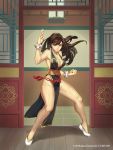  1girl alternate_costume alternate_hairstyle arvin_albo bracelet braid breasts brown_hair chinese_clothes chun-li cleavage clenched_hand commissioner_upload eyeshadow fighting_stance highres jewelry long_hair looking_at_viewer makeup parted_lips solo spiked_bracelet spikes street_fighter street_fighter_v twin_braids 