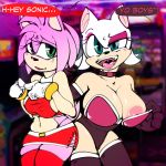  amy_rose anthro big_breasts breasts chiropteran clothed clothing duo eulipotyphlan female goat-kun hedgehog hi_res looking_at_viewer mammal nipples rouge_the_bat sonic_the_hedgehog_(series) 