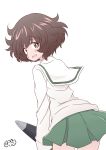  1girl akiyama_yukari artist_name bangs blouse brown_eyes brown_hair commentary_request cowboy_shot eyebrows_visible_through_hair from_behind girls_und_panzer green_skirt hadzuki_haru highres holding leaning_forward long_sleeves looking_at_viewer looking_back messy_hair miniskirt ooarai_school_uniform open_mouth pleated_skirt school_uniform serafuku short_hair signature simple_background skirt smile solo standing tank_shell white_background white_blouse 