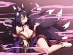  1girl animal_ear_fluff animal_ears bangs black_hair breasts brown_eyes fox_ears fox_girl fox_tail hair_between_eyes holding holding_pipe japanese_clothes kazana_(sakuto) kimono kiseru kitsune large_breasts long_hair mole mole_on_breast no_shoes off_shoulder original pipe purple_kimono smoke smoking socks solo tabi tail very_long_hair white_legwear 