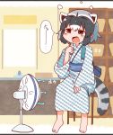  1girl after_bath animal_ears barefoot blush_stickers bottle brown_eyes common_raccoon_(kemono_friends) electric_fan fang grey_hair highres holding holding_bottle indoors japanese_clothes kemono_friends kimono raccoon_ears raccoon_tail rakugakiraid sash sitting solo striped_tail tail unmoving_pattern 
