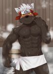  abs accessory bathing black_body black_fur bodily_fluids bucket canid canine canis chang52084 domestic_dog fur hair headband male mammal muscular muscular_male nipples pecs sauna sweat tadatomo tokyo_afterschool_summoners towel video_games white_hair 