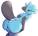  2018 anthro big_butt blue_body blue_fur bulge butt clothed clothing cottoncanyon cute_fangs dewott digital_media_(artwork) fur gloves_(marking) hi_res legwear looking_back male mammal markings mustelid nintendo panties pattern_clothing pattern_underwear pok&eacute;mon pok&eacute;mon_(species) pok&eacute;morph remi_hotate simple_background solo striped_clothing striped_panties striped_underwear stripes thigh_highs topless underwear video_games whiskers white_background yellow_eyes 