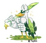  absurdres bird bird_focus commentary creature english_commentary full_body furrowed_eyebrows grass highres holding_spring_onion muscle no_humans pokemon pokemon_(creature) shield signature simple_background sirfetch&#039;d solo sparkle spring_onion standing taplaos white_background yellow_eyes 