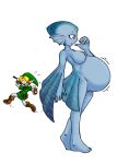  belly big_belly blue_body breasts duo female humanoid link marine nintendo nude ocarina_of_time pregnant princess_ruto saburox simple_background the_legend_of_zelda video_games white_background zora 