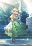  1girl :d blurry blurry_background bow braid comfey day dress dress_flower green_dress green_hair hair_bow hands_up highres moe_(hamhamham) o-ring open_mouth personification pokemon sandals short_hair short_sleeves smile solo standing sunlight white_bow 