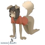  1:1 all_fours angryfur anthro brown_hair canid canine canis clothing domestic_dog female fur hair mammal patreon shirt smile solo topwear 