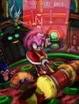  2018 absurd_res accessory amy_rose anthro avian boots clothing english_text eulipotyphlan female footwear gloves green_eyes hair_accessory hairband hammer handwear hedgehog hi_res leonsofi machine mammal motion_lines piko_piko_hammer robot sonic_adventure sonic_the_hedgehog_(series) text tools video_games wings 