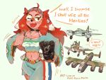  ! 2018 ? ahoge aircraft anthro breasts canid canine canis chest_tuft cute_fangs domestic_dog english_text eyewear female fur gesture glasses hair hawker_hurricane hideki_kaneda holding_object hurricane lancaster long_hair looking_at_viewer mammal midriff navel one_eye_closed open_mouth pink_body pink_fur red_hair solo spitfire_(hideki_kaneda) text thumbs_up tuft unseen_character wink 