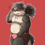  1:1 belly blush bulge butt canid canine canis clothing domestic_dog embarrassed hi_res jockstrap male mammal mohumohudansi musclegut nipples pecs scar shino_(housamo) tokyo_afterschool_summoners underwear video_games 