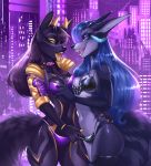  5_fingers anthro black_hair blue_eyes blue_hair breasts canid canine canis clothed clothing domestic_dog duo eyebrows eyelashes female fingers hair horn hybrid mammal midriff navel open_mouth sorafoxyteils standing teeth tongue yellow_eyes 