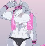  5_fingers anthro athletic athletic_male bulge canid canine canis cddi_h clothing fingers fur grey_body grey_fur hair humanoid_hands long_hair male mammal managarmr_(housamo) multicolored_body multicolored_fur sagu signature speedo swimwear tied_hair tokyo_afterschool_summoners two_tone_body two_tone_fur video_games wolf yellow_eyes 