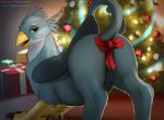  avian beak butt christmas christmas_tree digital_drawing_(artwork) digital_media_(artwork) eyelashes female feral friendship_is_magic gabby_(mlp) gift gryphon hi_res holidays looking_at_viewer mercurial64 my_little_pony open_beak open_mouth ribbons solo talons text tree url wings 