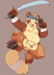  2020 anthro balls belly brown_body brown_fur canid canine flaccid fur gazpacho genitals hi_res humanoid_hands humanoid_penis male mammal melee_weapon moobs navel overweight overweight_male penis raccoon_dog simple_background solo sword tanuki weapon 