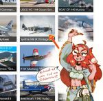  ! 2018 accessory ahoge aircraft anthro canid canine canis clothed clothing domestic_dog english_text eyewear female fur hair hair_accessory hairband hideki_kaneda looking_at_viewer mammal midriff navel one_eye_closed pink_body pink_fur real red_hair smile solo speech_bubble spitfire_(hideki_kaneda) text wink 