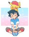  baseball_cap black_hair blue_footwear blue_shirt blush brown_shorts closed_eyes gen_1_pokemon grin hand_on_feet happy hat hat_removed headwear_removed heart indian_style okaohito1 pikachu pokemon pokemon_(anime) pokemon_(creature) pokemon_on_head pokemon_sm_(anime) satoshi_(pokemon) shirt short_sleeves shorts sitting smile spiked_hair striped striped_shirt translation_request z-ring 