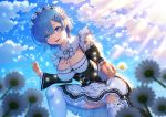  1girl :d apron black_dress blue_eyes blue_hair blue_sky blush breasts cleavage cloud cloudy_sky day detached_sleeves dress field flower flower_field frilled_dress frilled_sleeves frills fujifuji924 hair_flower hair_ornament hair_over_one_eye hair_ribbon hairclip highres holding holding_flower leaning_forward looking_at_viewer looking_down maid maid_headdress medium_breasts one_knee open_mouth outdoors panties pink_ribbon re:zero_kara_hajimeru_isekai_seikatsu rem_(re:zero) ribbon short_hair sky smile solo sunlight thighhighs thighs underwear upper_teeth upskirt waist_apron white_apron white_legwear white_panties wide_sleeves x_hair_ornament 