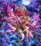  1girl animal_ear_fluff animal_ears blonde_hair blue_fire cherry_blossoms fire fox_ears fox_girl fox_tail full_moon highres holding_flame in_tree kitsune moon night night_sky original purple_eyes red_nails sammi_hisame sitting sitting_in_tree sky tagme tail tree water 