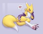  &lt;3 3_fingers 3_toes anthro anus armwear blush bodily_fluids bridal_gauntlets butt claws clothing digimon digimon_(species) dipstick_tail female fingers genital_fluids genitals hi_res multicolored_tail pussy pussy_juice renamon simple_background slowderpyguy solo toe_claws toes 