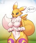  anthro breasts canid dialogue digimon digimon_(species) english_text featureless_breasts female fur hi_res kyodashiro mammal multicolored_body multicolored_fur renamon solo speech_bubble text white_body white_fur yellow_body yellow_fur 