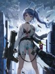  1girl assault_rifle asymmetrical_gloves bandage_on_knee bare_legs black_bra black_choker black_panties blue_hair blue_shorts bra breasts building can choker cleavage cloud cloudy_sky coat dr_pepper fingerless_gloves girls_frontline gloves gun holding holding_can holding_weapon ihan jacket k11_(girls_frontline) looking_at_viewer looking_down medium_breasts open_clothes open_jacket outdoors panties panty_peek purple_eyes rifle short_shorts shorts side_ponytail sky skyscraper smile soda soda_can solo thigh_strap underwear weapon white_coat white_jacket 