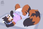  ailurid anthro bodily_fluids cuddlehooves diaper drooling headphones hi_res hypnosis lying male mammal mind_control red_panda rug saliva solo sucking teeth thumb_suck young 