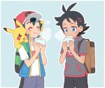  2boys baseball_cap black_hair black_pants blue_background blue_eyes blue_shorts blue_vest blush brown_backpack check_commentary chewing closed_eyes commentary commentary_request eating gen_1_pokemon gou_(pokemon) green_backpack grey_shirt hat multiple_boys okaohito1 pants pikachu pokemon pokemon_(anime) pokemon_(creature) pokemon_on_shoulder pokemon_swsh_(anime) satoshi_(pokemon) shirt short_sleeves shorts simple_background spiked_hair vest white_shirt 