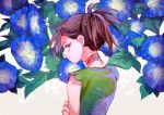  1girl androgynous bandages bare_shoulders blue_flower brown_hair closed_mouth dororo_(character) dororo_(tezuka) floral_background flower from_behind frown japanese_clothes leaf looking_at_viewer morning_glory ponytail purple_eyes reverse_trap sakuramochi1003 sleeveless solo torn_clothes upper_body 