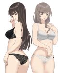  2girls ass back bangs black_bra black_panties blunt_bangs bra breasts brown_eyes brown_hair closed_mouth commentary cowboy_shot eyebrows_visible_through_hair from_behind girls_und_panzer half-closed_eyes hand_on_own_chest highres lace lace-trimmed_bra lace-trimmed_panties light_frown looking_at_viewer looking_back mature medium_breasts multiple_girls nail_polish navel nishizumi_shiho panties pink_nails red_nails shimada_chiyo side-by-side simple_background smile standing straight_hair underbust underwear white_background white_bra white_panties yamano_rita 