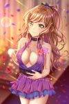  1girl :3 absurdres bang_dream! bangs bare_shoulders black_bow blue_flower blue_rose blurry blurry_background blush bow breasts brown_eyes brown_hair buckle cleavage closed_mouth collar collarbone cowboy_shot depth_of_field dress eyebrows_visible_through_hair flower hair_bow hair_flower hair_ornament hand_on_own_chest hand_on_own_stomach highres imai_lisa large_breasts layered_dress lens_flare long_hair petals ponytail purple_dress red_flower red_rose rose rose_petals short_dress sleeveless sleeveless_dress smile sparkle wavy_hair yohane_yoshiko 