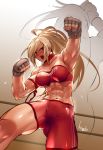  1girl abs arm_ribbon armpits blonde_hair bowalia boxing_gloves boxing_ring boxing_shorts breasts commentary_request cowboy_shot fighting_stance long_hair medium_breasts muscle muscular_female navel open_mouth original ponytail raised_fist red_eyes red_ribbon ribbon shorts signature sports_bra 