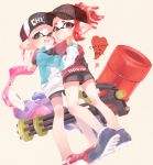  2girls aco_co0 bangs baseball_cap bike_shorts black_headwear black_shorts blue_footwear blunt_bangs blurry closed_mouth clothes_writing commentary_request domino_mask dutch_angle full_body green_eyes gym_shorts hakama hat heart heavy_splatling_(splatoon) highres holding holding_weapon hug inkling inkling_(language) jacket japanese_clothes long_hair long_sleeves looking_at_viewer mask mini_splatling_(splatoon) multiple_girls no_socks pink_hair pointy_ears red_eyes red_footwear red_hakama red_shirt shirt shoes short_hair short_over_long_sleeves short_ponytail short_shorts short_sleeves shorts smile sneakers splatoon_(series) splatoon_2 t-shirt tentacle_hair weapon white_jacket yuri 