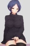  1girl arm_support bangs black_legwear blue_hair bralines breasts dress hayami_kanade highres idolmaster idolmaster_cinderella_girls large_breasts long_sleeves looking_at_viewer no_pants parted_bangs parted_lips ribbed_dress ribbed_sleeves ribbed_sweater ryuu. short_hair sitting skindentation skirt skirt_lift smile solo sweater thick_thighs thighhighs thighs turtleneck turtleneck_sweater yellow_eyes 