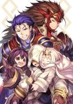  2girls 3boys ambiguous_gender armor blue_eyes blue_hair brown_eyes brown_hair cape crown fire_emblem fire_emblem_heroes gloves grin hector_(fire_emblem) highres hood kiran_(fire_emblem) looking_at_viewer morgan_(fire_emblem) morgan_(fire_emblem)_(female) multiple_boys multiple_girls nakabayashi_zun purple_eyes purple_hair robe ryoma_(fire_emblem) smile white_hair ylgr_(fire_emblem) 