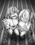  2girls arm_around_shoulder bangs bare_arms bare_legs bare_shoulders barefoot bat_wings bikini breasts carpet collarbone commentary_request crystal eyebrows_visible_through_hair eyelashes eyes_visible_through_hair fangs flandre_scarlet from_above full_body greyscale hair_between_eyes hair_ribbon half-closed_eyes hand_on_another&#039;s_shoulder hand_on_own_stomach hand_up hat indoors koyubi_(littlefinger1988) looking_at_viewer looking_up medium_hair micro_bikini monochrome multiple_girls open_mouth pointy_ears remilia_scarlet ribbon siblings side-by-side side-tie_bikini side-tie_bottom side_ponytail sisters slit_pupils small_breasts smile standing swimsuit touhou v vampire wings 
