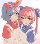  2girls bangs blue_eyes blue_hair blue_ribbon blue_shirt blush brown_eyes collared_shirt commentary_request dress eyebrows_visible_through_hair grey_background hair_between_eyes hair_ribbon multiple_girls omega_rei omega_rio omega_sisters omega_symbol parted_lips pink_hair red_ribbon red_shirt ribbon shirt signature sleeveless sleeveless_dress smile twintails umiroku upper_body virtual_youtuber white_dress 