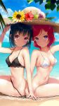  2girls arm_up armpit_peek bangs beach bikini black_bikini blue_hair blunt_bangs blush breasts cleavage closed_mouth day detexted eyebrows_visible_through_hair flower from_side hand_on_headwear hat hat_flower highres holding_hands lace lace-trimmed_bikini long_hair looking_at_viewer love_live! love_live!_school_idol_project love_live!_sunshine!! medium_hair mignon multiple_girls navel nishikino_maki outdoors partially_submerged purple_eyes red_hair shared_hat short_hair side-tie_bikini sitting small_breasts smile straw_hat sun_hat swimsuit third-party_edit tsushima_yoshiko untied untied_bikini wet white_bikini 