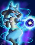 2020 ambiguous_gender anthro aura blue_body blue_fur canid canine digital_media_(artwork) fangs feral fur glowing hi_res invalid_tag lucario mammal nintendo onyeen open_mouth pok&eacute;mon pok&eacute;mon_(species) red_eyes signature simple_background solo tongue video_games white_body white_fur 