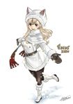  1girl :d animal_hat bangs black_legwear blonde_hair blue_eyes boots brown_gloves capelet cat_hat coat coat_dress copyright_name earrings eden&#039;s_zero floating_hair full_body fur-trimmed_boots fur-trimmed_capelet fur-trimmed_coat fur_trim gloves gradient_scarf hat jewelry knee_boots long_hair looking_at_viewer mashima_hiro official_art open_mouth outstretched_arms pantyhose rebecca_(eden&#039;s_zero) shiny shiny_hair signature simple_background smile solo standing standing_on_one_leg star star_earrings swept_bangs white_background white_capelet white_coat white_footwear 