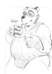 2020 absurd_res anthro belly bulge canid canine clothing eyewear glasses hi_res male mammal overweight overweight_male raccoon_dog realiron_(artist) simple_background solo tanuki text underwear 