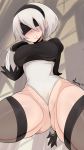  1girl artist_name ass_visible_through_thighs between_labia black_blindfold blindfold blush bmayyneart breasts highres large_breasts looking_at_viewer looking_down mole mole_under_mouth nier_(series) nier_automata signature twitter_username white_hair yorha_no._2_type_b 