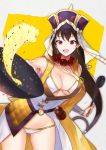 1girl aym bead_necklace beads bikini bikini_under_clothes black_hair breasts cooking earrings fate/grand_order fate_(series) food fried_rice hair_rings hat hoop_earrings jewelry ladle long_hair navel necklace purple_eyes signature sparkle swimsuit wok xuanzang_(fate/grand_order) 