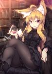  1girl ahoge animal_ear_fluff animal_ears arm_rest armchair black_dress black_footwear black_legwear black_panties black_ribbon blonde_hair book bookshelf boots breasts chair commentary_request corset crossed_legs cup dress drinking_glass eyebrows_visible_through_hair fox_ears fox_girl fox_tail gothic_lolita highres holding holding_cup indoors lolita_fashion long_hair long_sleeves looking_at_viewer medium_breasts original panties panties_under_pantyhose pantyhose parted_lips pink_eyes ribbon roshin sitting solo sparkle tail underwear wine_glass 