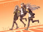  3girls armband background_text belt black_footwear black_jacket black_legwear black_neckwear black_scarf black_skirt boots brown_footwear brown_hair chinese_commentary closed_eyes commentary_request demon_(abyssdemon) english_text fingerless_gloves girls_frontline gloves grey_hair hair_ornament highres hood hooded_jacket jacket jumping knee_pads long_hair miniskirt multiple_girls neck_ribbon open_mouth pantyhose ribbon running scar scar_across_eye scarf shirt siblings side_ponytail sisters skirt smile tactical_clothes thigh_strap twintails ump40_(girls_frontline) ump45_(girls_frontline) ump9_(girls_frontline) utility_belt very_long_hair white_shirt 