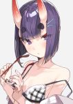  1girl bangs bare_shoulders blush bob_cut breasts collarbone eyeliner fate/grand_order fate_(series) kanzarin_(hoochikiss) looking_at_viewer makeup oni oni_horns purple_eyes purple_hair short_eyebrows short_hair shuten_douji_(fate/grand_order) simple_background skin-covered_horns small_breasts solo white_background 