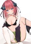  1girl bangs black_bra black_panties black_ribbon blue_eyes blunt_bangs blush bra breasts cleavage closed_mouth commentary_request eyebrows_visible_through_hair go-toubun_no_hanayome green_skirt hair_ornament hair_ribbon highres large_breasts long_hair long_sleeves looking_at_viewer nakano_nino navel panties panties_around_one_leg pink_hair pleated_skirt red_hair ribbon shirt simple_background single_thighhigh skirt smile solo thighhighs uiri-na underwear white_background white_legwear white_shirt 