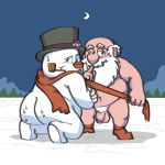  1:1 2020 anthro balls belly butt christmas clothing duo flaccid frosty_the_snowman genitals hat headgear headwear holidays human male mammal navel night outside overweight overweight_male penis saltshovel santa_claus snow snowman 